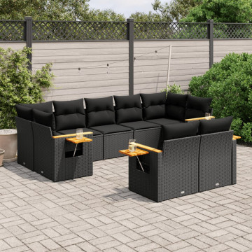 Set mobilier de grădină cu perne, 9 piese, negru, poliratan - Img 1
