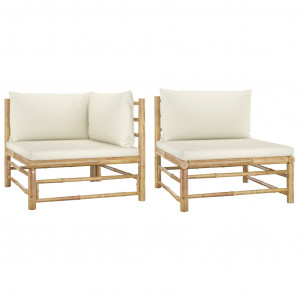 Set mobilier de grădină cu perne alb crem, 2 piese, bambus - Img 1