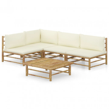 Set mobilier de grădină cu perne alb crem, 2 piese, bambus - Img 1