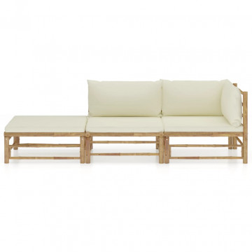 Set mobilier de grădină, cu perne alb crem, 3 piese, bambus - Img 2
