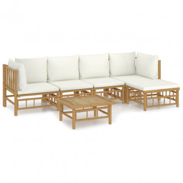 Set mobilier de grădină cu perne alb crem, 6 piese, bambus - Img 2