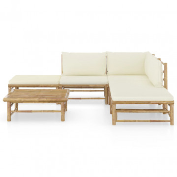 Set mobilier de grădină cu perne alb crem, 6 piese, bambus - Img 2