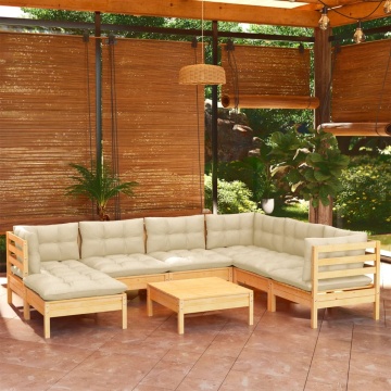 Set mobilier de grădină cu perne crem, 8 piese, lemn masiv pin - Img 1