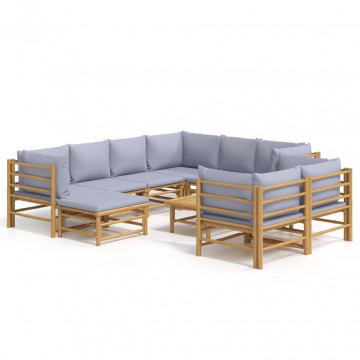 Set mobilier de grădină cu perne gri deschis, 10 piese, bambus - Img 2