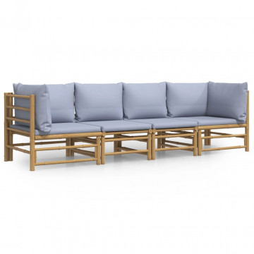 Set mobilier de grădină cu perne gri deschis, 4 piese, bambus - Img 2