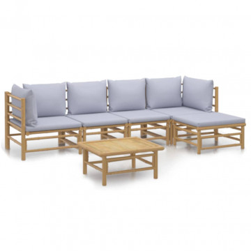 Set mobilier de grădină cu perne gri deschis, 6 piese, bambus - Img 2