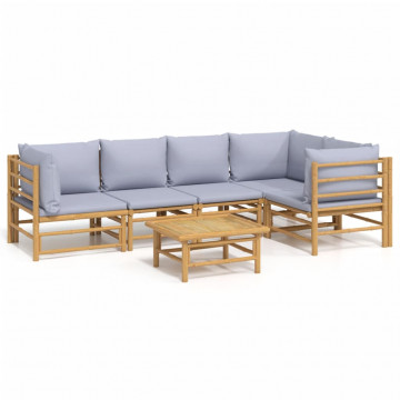 Set mobilier de grădină cu perne gri deschis, 6 piese, bambus - Img 2