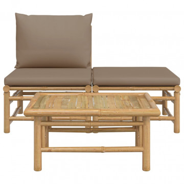 Set mobilier de grădină cu perne gri taupe, 3 piese, bambus - Img 3