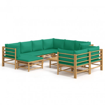 Set mobilier de grădină cu perne verzi, 10 piese, bambus - Img 2