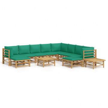 Set mobilier de grădină cu perne verzi, 12 piese, bambus - Img 2