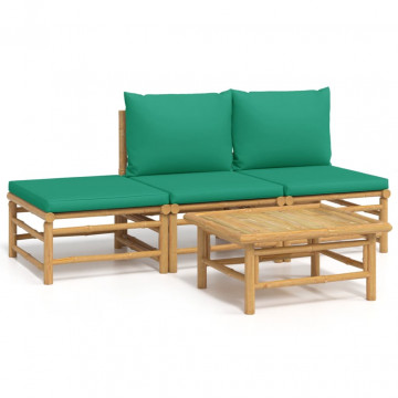 Set mobilier de grădină cu perne verzi, 4 piese, bambus - Img 2
