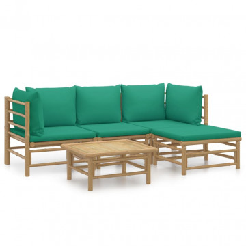 Set mobilier de grădină cu perne verzi, 5 piese, bambus - Img 2