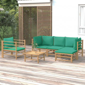 Set mobilier de grădină cu perne verzi, 6 piese, bambus - Img 1