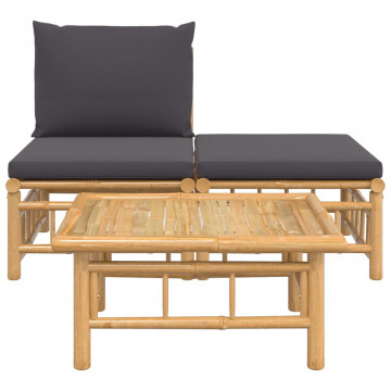 Set mobilier de grădină, perne gri închis, 3 piese, bambus - Img 3