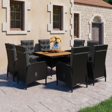 Set mobilier grădină, 9 piese, negru, poliratan și lemn acacia - Img 1