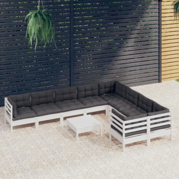 Set mobilier grădină cu perne, 10 piese, alb, lemn de pin - Img 1