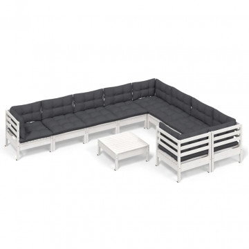 Set mobilier grădină cu perne, 10 piese, alb, lemn de pin - Img 2