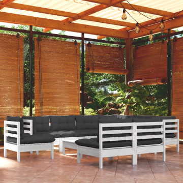 Set mobilier grădină cu perne, 10 piese, alb, lemn masiv pin - Img 1