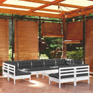 Set mobilier grădină cu perne, 10 piese, alb, lemn masiv pin - Img 1