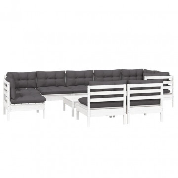 Set mobilier grădină cu perne, 10 piese, alb, lemn masiv pin - Img 3