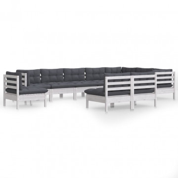 Set mobilier grădină cu perne, 10 piese, alb, lemn masiv pin - Img 2