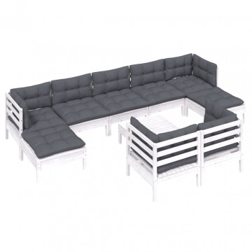 Set mobilier grădină cu perne, 10 piese, alb, lemn masiv pin - Img 3