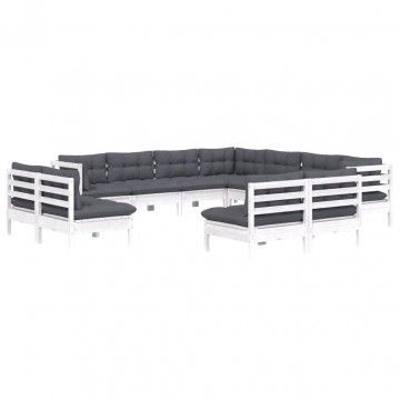 Set mobilier grădină cu perne, 11 piese, alb, lemn masiv pin - Img 3