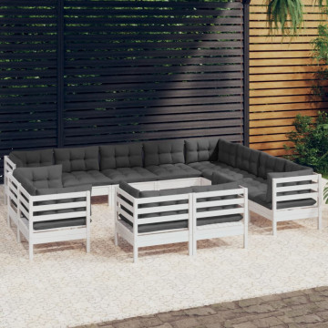 Set mobilier grădină cu perne, 12 piese, alb, lemn masiv pin - Img 1