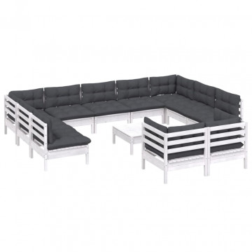 Set mobilier grădină cu perne, 12 piese, alb, lemn masiv pin - Img 3