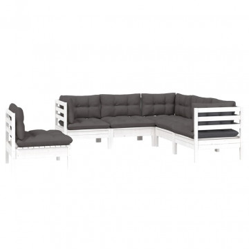 Set mobilier grădină cu perne, 5 piese, alb, lemn de pin - Img 3