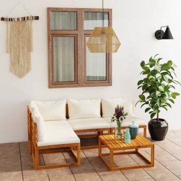 Set mobilier grădină cu perne, 5 piese, crem, lemn masiv acacia - Img 1