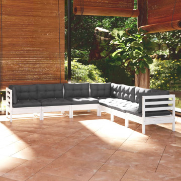 Set mobilier grădină cu perne, 7 piese, alb, lemn masiv de pin - Img 1