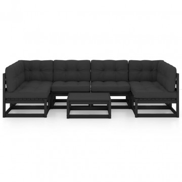 Set mobilier grădină cu perne, 7 piese, negru, lemn masiv pin - Img 3