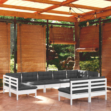 Set mobilier grădină cu perne, 9 piese, alb, lemn masiv pin - Img 1