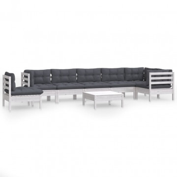 Set mobilier grădină cu perne, 9 piese, alb, lemn masiv pin - Img 2