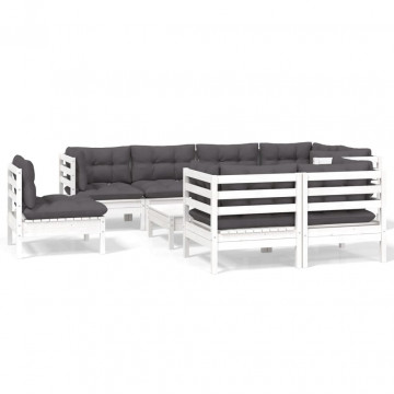 Set mobilier grădină cu perne, 9 piese, alb, lemn masiv pin - Img 2