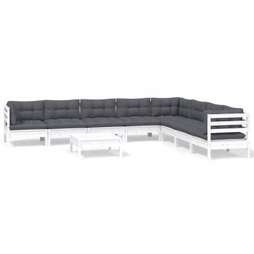 Set mobilier grădină cu perne, 9 piese, alb, lemn masiv pin - Img 2