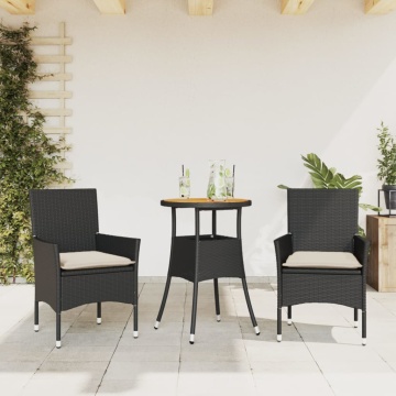 Set mobilier grădină perne 3 piese negru poliratan/lemn acacia - Img 1