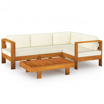 Set mobilier grădină perne alb crem, 5 piese, lemn masiv acacia - Img 2