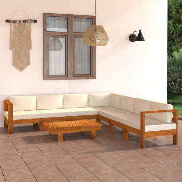 Set mobilier grădină perne alb crem, 8 piese, lemn masiv acacia - Img 1