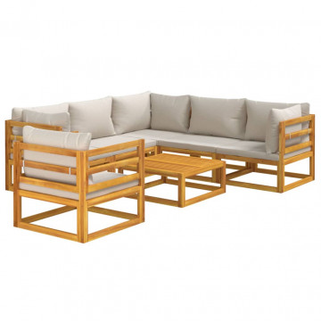 Set mobilier grădină, perne gri deschis, 7 piese, lemn masiv - Img 3
