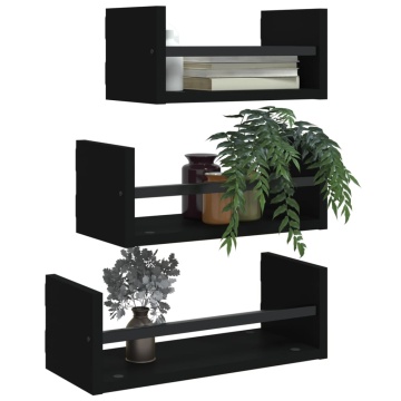 Set rafturi de perete cu bare, 3 buc., negru, lemn prelucrat - Img 3