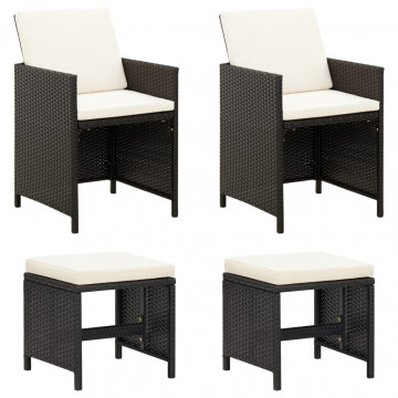 Set scaune de grădină și taburet, 4 piese, negru, poliratan - Img 1