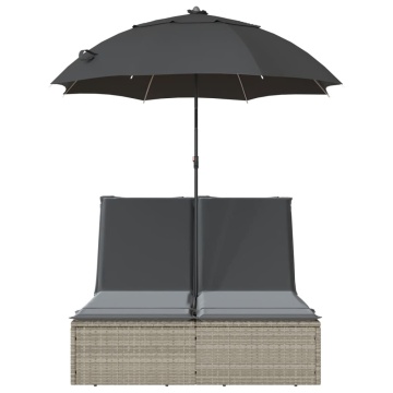Șezlong dublu cu perne/umbrelă de soare, gri deschis, poliratan - Img 4