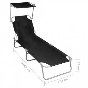 Șezlong pliabil cu copertină, negru, aluminiu - Img 6