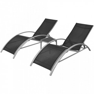 Șezlonguri de plajă cu masă, negru, aluminiu - Img 2