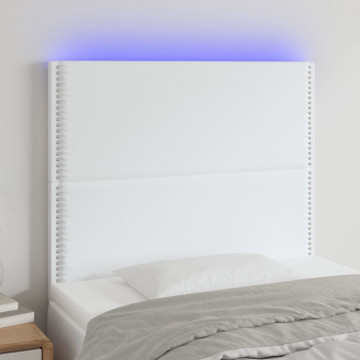 Tăblie de pat cu LED, alb, 100x5x118/128 cm, piele ecologică - Img 1