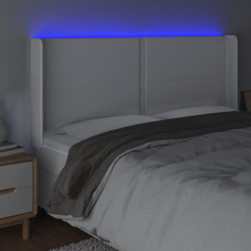 Tăblie de pat cu LED, alb, 203x16x118/128 cm, piele ecologică - Img 4