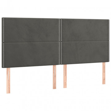 Tăblie de pat cu LED, gri închis, 200x5x118/128 cm, catifea - Img 4