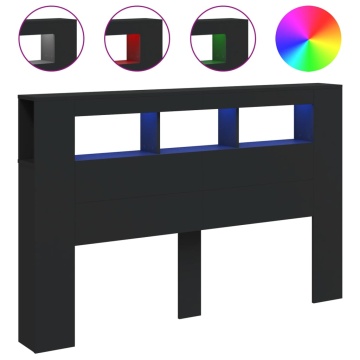 Tăblie de pat cu LED, negru, 160x18,5x103,5 cm, lemn - Img 2
